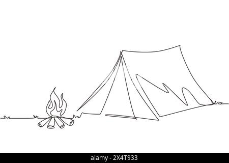 Une seule ligne continue dessinant une scène de camping d'aventure familiale en soirée. Tente, nature, feu de camp, forêt de pins et montagne rocheuse, ciel étoilé de nuit avec M. Illustration de Vecteur