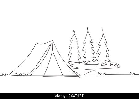 Simple une ligne dessinant la tente touristique dans la forêt de pins, montagnes sur le ciel nuageux. Camping d'été. Activités de plein air naturelles. Tente et camp de pompiers. Continuo Illustration de Vecteur