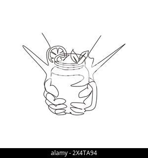 Une seule ligne continue dessinant les mains tiennent une boisson rafraîchissante de limonade détox avec des tranches de citron vert, citron, menthe. Été délicieuse limonade dans un mug vintage. O Illustration de Vecteur