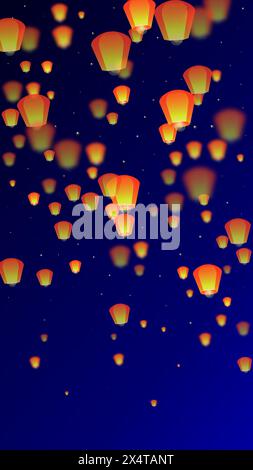 Chiang mai célébration de Loy Krathong. Vacances en Thaïlande avec des lumières de lanterne en papier volant dans le ciel nocturne. Tradition culturelle de Chiang mai. Vecteur illu Illustration de Vecteur