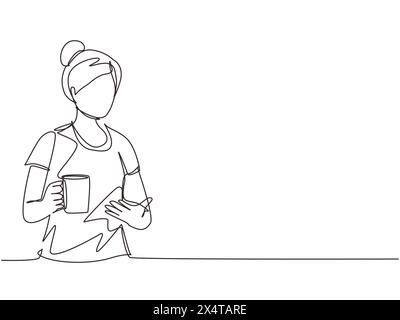 Ligne continue unique dessinant belle femme relaxant boire et montrant à la tasse de café chaud ou de thé. Jolie fille se sentant profiter de prendre le petit déjeuner dans Illustration de Vecteur