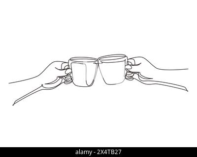 Ligne continue unique dessinant les mains avec des tasses de café chaud ou de thé chaud. Claquez des verres avec deux tasses de café. Vue rapprochée rognée de deux mains LSS Illustration de Vecteur