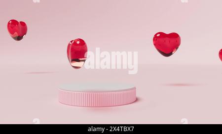 Piédestal rose ou podium avec cœur en verre rouge scène murale minimale scène Showcase rendu 3D. Banque D'Images