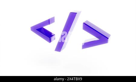 Signe en verre de couleur symbole de code de programmation développement et logiciel rotation sur le rendu 3D arrière blanc Banque D'Images
