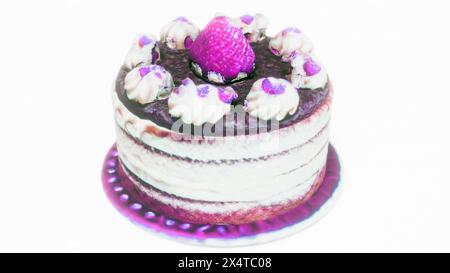 Gâteau à la crème sucrée avec des fraises sur le dos blanc rendu 3D. Banque D'Images