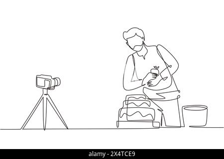 Simple une ligne dessin alimentaire blogueur créant du contenu. Homme arabe filmant la vidéo de cuisine à l'aide de la caméra sur trépied. Cuisinier cuisinier, décorer gâteau à la cuisine Illustration de Vecteur