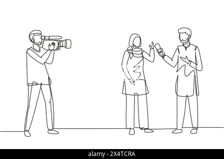 Une seule ligne continue dessinant journaliste arabe, interview opérateur programme de télévision, nouvelles. Animateur de télévision, journaliste, caméraman interrogeant la femme. Vidéo R Illustration de Vecteur