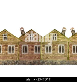 Maisons de village en bois en rondins, bordure sans couture à l'aquarelle sur fond blanc Banque D'Images