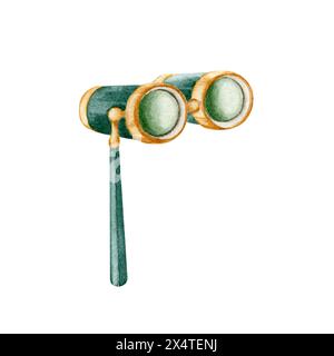 Jumelles de théâtre vintage sur la poignée. Lunettes d'opéra antiques. Illustration d'aquarelle dessinée à la main isolée sur fond blanc. Elément de conception Banque D'Images