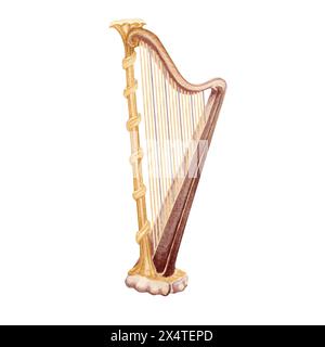 Instrument de musique classique à harpe dorée. Lyre à cordes vintage. Illustration aquarelle isolée sur fond blanc. Pour les affiches de théâtre et de ballet Banque D'Images