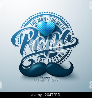 Joyeuse conception de carte de voeux de fête des pères avec coeur et moustache sur fond clair. Les hommes, le mythe, la légende Vector Celebration illustration pour Illustration de Vecteur