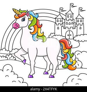Mignonne licorne. Cheval de fée magique. Paysage avec un beau château. Page de livre de coloriage pour les enfants. Style dessin animé. Illustration vectorielle isolée sur blanc Illustration de Vecteur