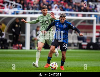 May 04, 2024 Santa Clara, CA Etats-Unis milieu de terrain de San Jose Herman Lopez (23) défendez le ballon pendant le match de MLS entre le Los Angeles Football Club et les tremblements de terre de San Jose. San Jose a battu le LAFC 3-1 au Levi's Stadium San Clara Calif. Thurman James/CSM Banque D'Images