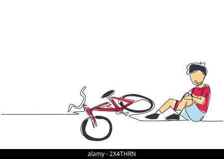 Un garçon dessinant une ligne continue est tombé de bicyclette. Accident de vélo. Enfants tombés endommagé vélo cassé transport enfants accidents aidant personne. Illustration de Vecteur