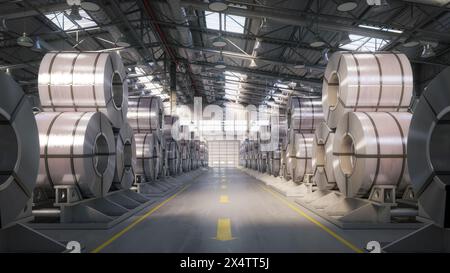 Rouleaux de tôle. Rouleaux de tôle de zinc, d'aluminium ou d'acier sur entrepôt d'usine. illustration 3d. Banque D'Images