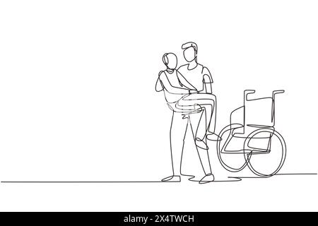 Un seul trait continu dessinant Loving son a pris son vieux père handicapé du fauteuil roulant le portant dans ses bras. Heureux homme senior dans les câlins de son stron Illustration de Vecteur