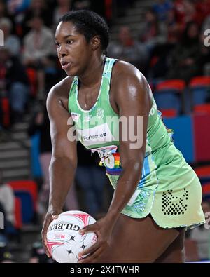 5 mai 2024 ; Ken Rosewall Arena, Sydney, NSW, Australie : Suncorp Super Netball, New South Wales Swifts versus West Coast Fever ; Jhaniele Fowler-Nembhard de la West Coast Fever Banque D'Images