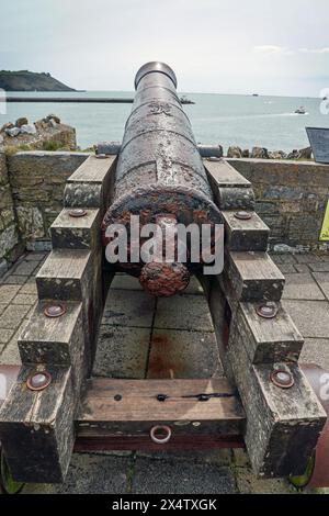 Canons de navires restaurés donnant sur le Cattwater et Plymouth Sound depuis Madiera Road sur le Barbican, Plymouth. 19e siècle de la conception de Blomefield et Banque D'Images