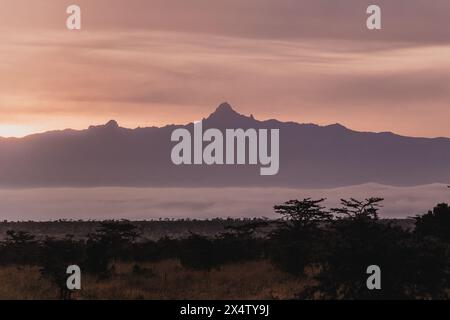 Silhouettes de coucher de soleil flamboyantes Mont Kenya sur paysage brumeux Banque D'Images