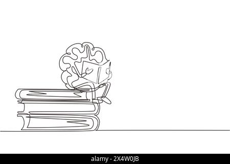 Livre de lecture de cerveau de dessin animé continu à une ligne. Drôle de personnage de cerveau assis sur une pile de livres. Apprenez et étudiez l'impression. École d'éducation poste Illustration de Vecteur