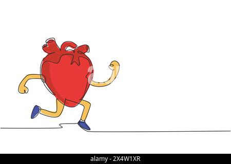 Une seule ligne dessinant mignon jogging d'organe de coeur drôle. Entraînement des organes cardiaques, sport, fitness, course cardio, concept de caractère d'endurance. Continue moderne Illustration de Vecteur