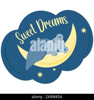 Mignon ours bleu dans le style kawaii dort sous une couverture sur la lune. Carte minimaliste, autocollant avec inscription Sweet Dreams. Image vectorielle. Illustration de Vecteur