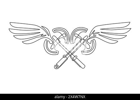 Dessin en ligne continue unique volant deux axes croisés. Arme de guerrier fantastique médiéval. Logo ailé à deux axes croisés avec aile déployée élégante Illustration de Vecteur