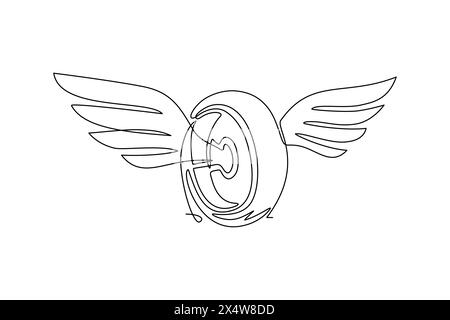 Roue de dessin simple à une ligne avec ailes. Pneus de voiture à ailes isolés. Design élément plat pour logo, étiquette, emblème, signe, badge, t-shirt, affiche. Moderne Illustration de Vecteur