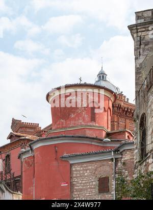 Gros plan d'une mouette en vol le long de la côte d'Istanbul, avec un ferry et le paysage urbain, y compris les monuments historiques, en arrière-plan. Banque D'Images