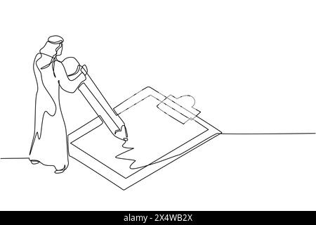 Dessin continu d'une ligne homme d'affaires arabe a rempli le questionnaire. Homme debout près de la grande liste de contrôle. Mâle avec crayon écrit test sur presse-papiers. Péché Illustration de Vecteur