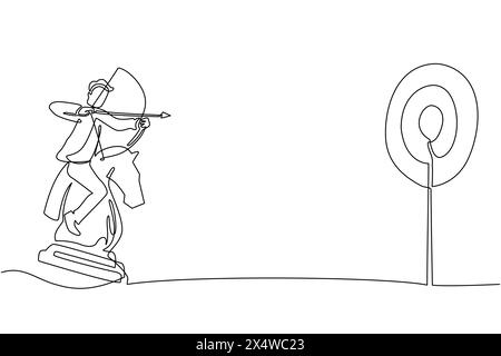Continue d'une ligne dessinant homme d'affaires tenant la cible de visée de tir à l'arc tout en montant pièce de chevalier d'échecs, concept stratégique. Directeur commercial de succès. Si Illustration de Vecteur