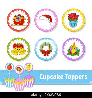 Garnitures pour cupcakes. Ensemble de six photos rondes. personnages de dessins animés. Image mignonne. Pour l'anniversaire, baby shower. Isolé sur fond blanc. Illustration vectorielle Illustration de Vecteur