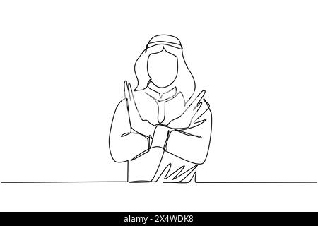 Une ligne continue dessinant un jeune homme arabe croisant les bras et ne disant aucun geste. Personne faisant la forme de X, signe d'arrêt avec les mains et l'expression négative. S Illustration de Vecteur