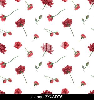 Rose avec des bourgeons sur la tige. Rouge profond, roses écarlate. Modèle sans couture de fleurs de rubis d'été. Plantes florissantes réalistes. Illustration aquarelle. Banque D'Images