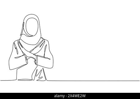 Une seule ligne continue dessinant une jeune femme arabe croisant les bras et ne disant aucun geste. Personne faisant la forme de X, signe d'arrêt avec les mains et expre négatif Illustration de Vecteur