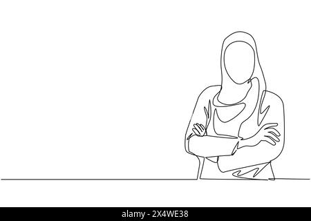 Ligne continue unique dessinant une jeune femme d'affaires arabe debout avec les bras pliés. Femelle mignonne en hijab avec les bras croisés debout isolé. Dynami Illustration de Vecteur