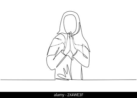 Simple une ligne dessin femme d'affaires arabe s'excuser, mendier au client avec les mains ensemble avec l'expression d'espoir sur le visage très émotionnel et inquiet Illustration de Vecteur