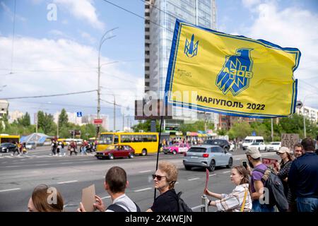 Kiev, ville de Kiev, Ukraine. 5 mai 2024. Gratuit Azovstal protestation de la famille et des amis des soldats qui sont détenus en captivité par la Russie. Les soldats se sont rendus à la Russie le 20 mai 2022 pour sauver des vies au fer d'Azovstal et voler les ouvrages de Marioupol. Certains ont été relâchés, beaucoup sont toujours détenus en captivité russe. (Crédit image : © Andreas Stroh/ZUMA Press Wire) USAGE ÉDITORIAL SEULEMENT! Non destiné à UN USAGE commercial ! Banque D'Images