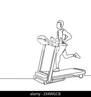 Homme dessinant une seule ligne courant sur un tapis roulant motorisé. Homme sportif sur le personnage de dessin animé de machine d'entraînement électrique. Club de fitness, outil de gym. Conti Illustration de Vecteur