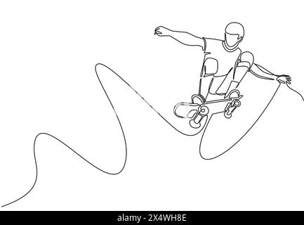 Simple une ligne dessinant jeune homme de skateboarder cool chevauchant le skateboard et faisant un tour de saut dans le skate Park. Sport extrême des adolescents. Une vie sportive saine Illustration de Vecteur