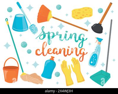 Concept de nettoyage de printemps. Set avec fournitures de nettoyage, bouteilles, brosse, spray, éponge et gants. Concept de ménage. Divers articles de nettoyage. Vecteur Illustration de Vecteur