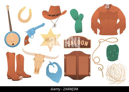 Esthétique Cowboy, Western Rodeo Cowboy Vector Set, Wild West, style campagnard. Illustration vectorielle plate isolée sur fond blanc. Illustration de Vecteur