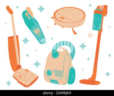 Icône d'ensemble plat pour aspirateurs. Illustration vectorielle nettoyage hoover sur fond blanc. Illustration vectorielle plate pour affiche, icône, carte, logo, étiquette Illustration de Vecteur