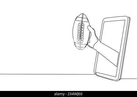 Main de joueur de dessin continu d'une ligne tient le ballon de football américain par téléphone portable. Smartphone avec application football américain. Flux de sport mobile Illustration de Vecteur