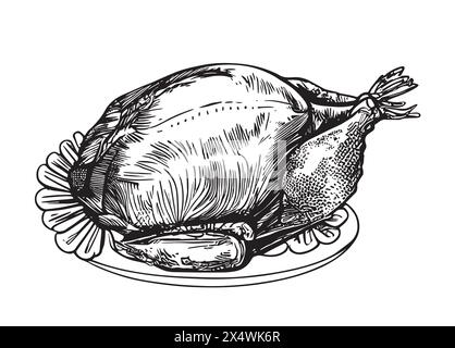 dinde rôtie, poulet, avec des ingrédients dessinés à la main illustration vectorielle esquisse réaliste Illustration de Vecteur