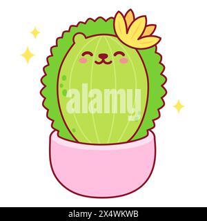 Dessin de personnage de cactus de hérisson de dessin animé mignon. Illustration vectorielle de plante en pot Kawaii. Illustration de Vecteur