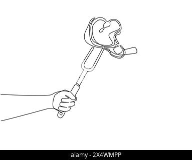 Main de dessin simple d'une ligne tenant le steak sur la fourchette. Barbecue, morceaux de viande sur la fourchette tenant la main, viande de nourriture, steak dessiné à la main. Grill Picnic templ Illustration de Vecteur