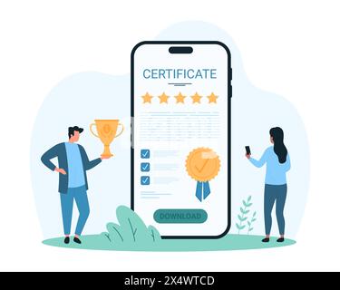 Certificat de qualité en ligne dans l'application mobile du téléphone. Les gens minuscules approuvent la qualité du produit ou du service avec la coupe d'or de récompense et la forme numérique avec sceau dans l'illustration vectorielle de dessin animé de smartphone Illustration de Vecteur