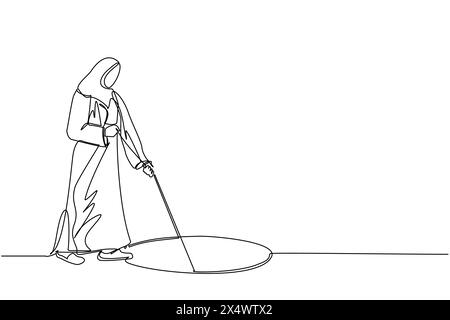 Continue d'une ligne dessinant une femme d'affaires arabe étirer la corde dans le trou. Femme se demandant, regardant le grand trou, concept d'affaires dans l'opportunité, expl Illustration de Vecteur