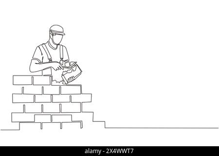 Mur de briques de construction de réparateur à une ligne continue. Travailleur de la construction en uniforme et casque effectuant des travaux. Concept de constructeur. Services de réparation Illustration de Vecteur